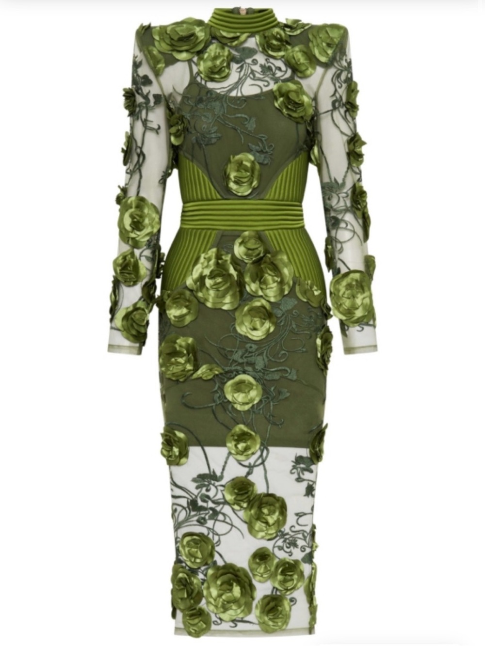 Zhivago Olive Green 3D Floral Appliqué Long Sleeve Midi Dress